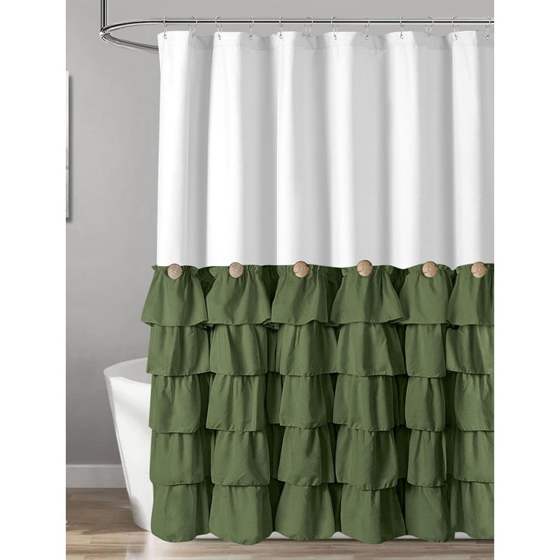 White and Green Ruffled Fabric Shower Curtain with Wooden Buttons
