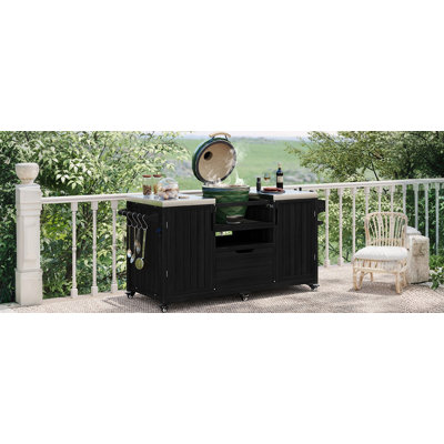 K&K 66.5" Outdoor Kitchen Island For Big Green Egg Grills, Solid Wood Outdoor Grill Cart For Tabletop Grill With Stainless Steel Top, Drawer, Compatible With Large Big Green Egg, Kamado Joe