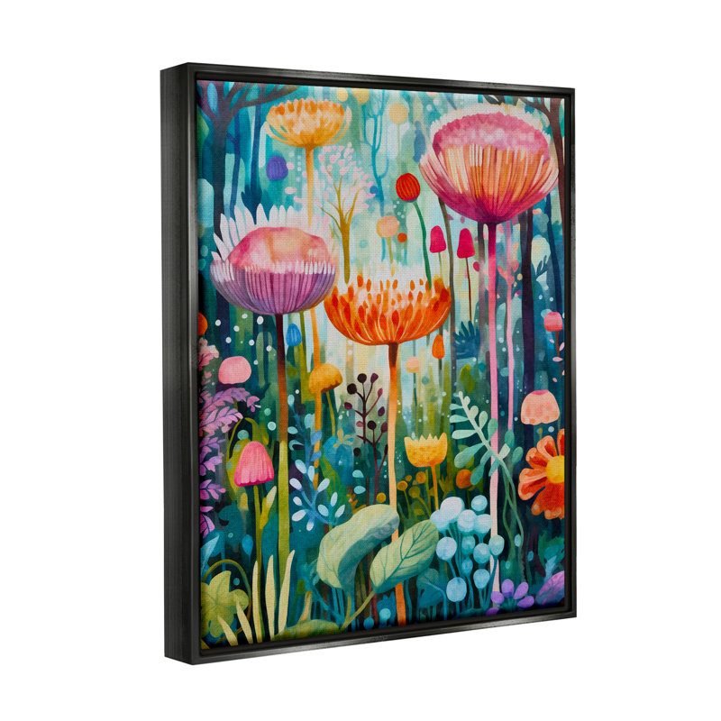 Paysage de jardin fantaisiste sur toile, Cadre flottant noir de jais, H 31 po x l 25 po x P 1,7 po