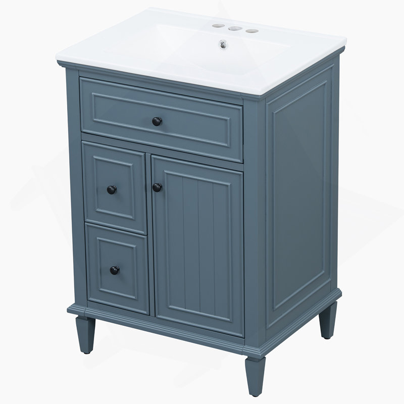 Meuble-lavabo avec lavabo, meuble-lavabo avec tablette réglable, un tiroir rabattable et deux tiroirs, Bleu gris