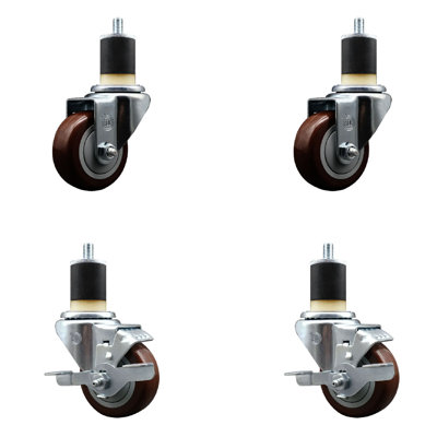 3 Inch Maroon Poly Wheel Swivel 1-7/8 Inch Expanding Stem Caster Set 2 Brakes SCC