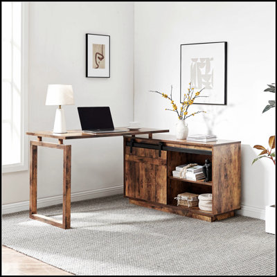 Poste de travail en L avec crédence de rangement, porte de grange coulissante, conception réversible et finition noisette pour bureau à domicile