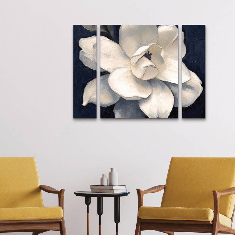 Ensemble de 3 panneaux muraux - Sasha «Night Magnolia», art mural sur toile pour le salon, la chambre à coucher ou le bureau 