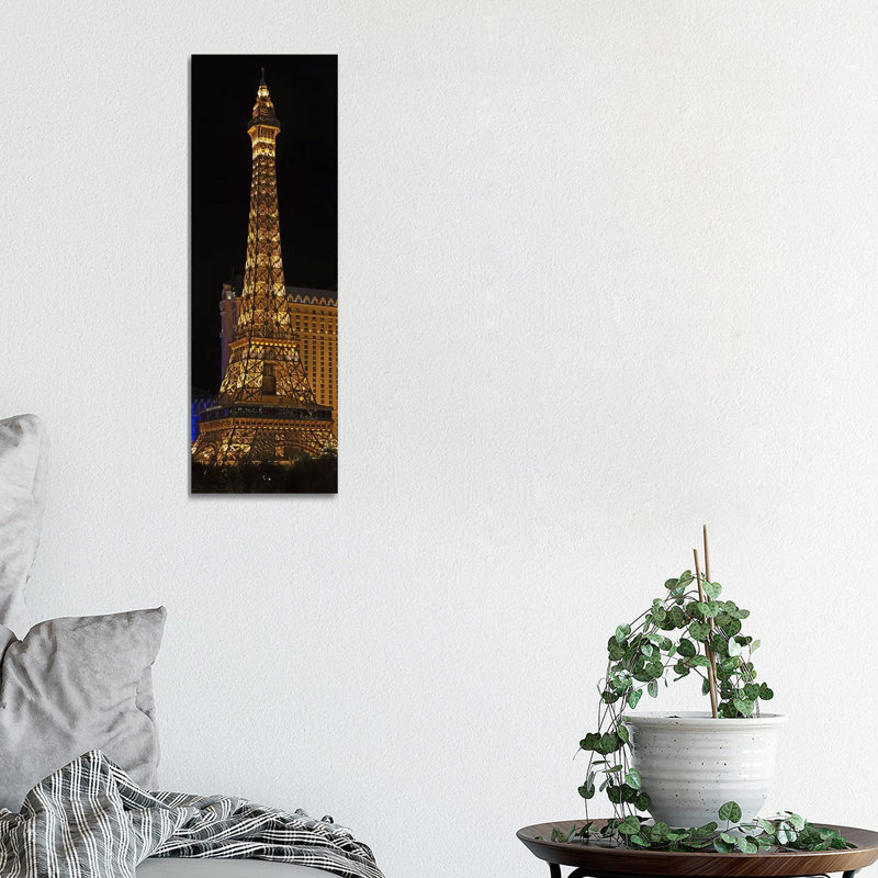 Replica Of The Eiffel Tower Lit Up At Night, Paris Las Vegas - Wrapped Canvas Panoramic Print