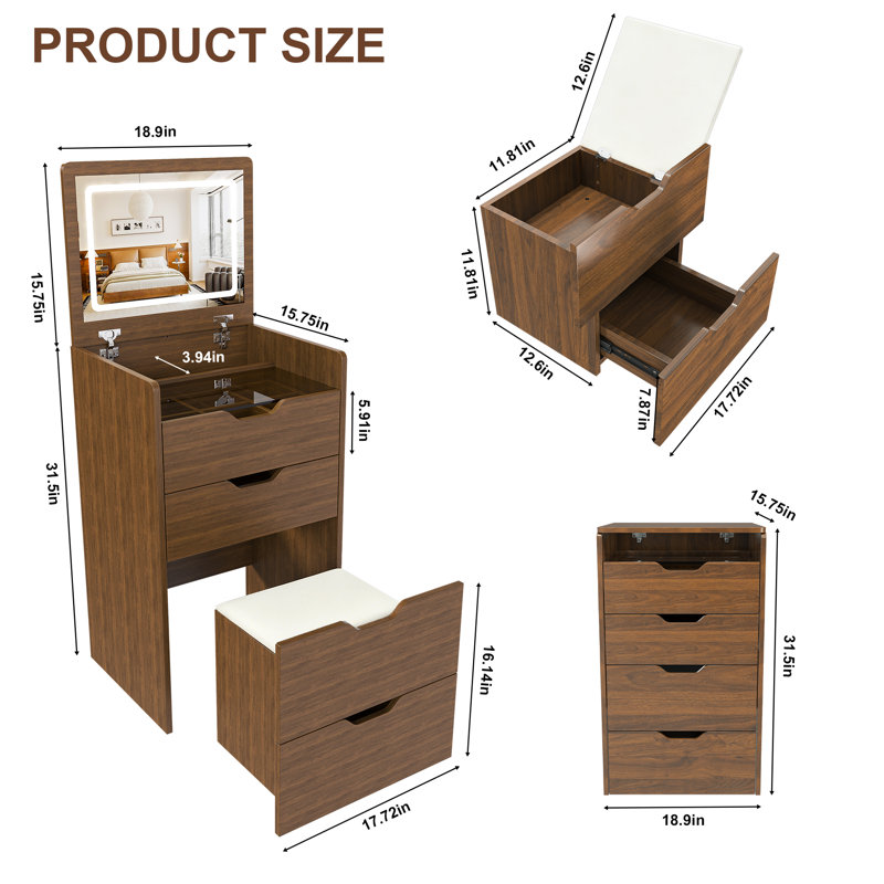 Bureau de coiffeuse compact avec miroir à DEL rabattable, tiroir et rangement pour tabouret caché