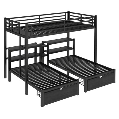 Full XL Over Twin & Twin Metal Triple Bunk Bed with Drawers, Shelves, USB Ports, Heavy-Duty Frame, Space-Saving Design