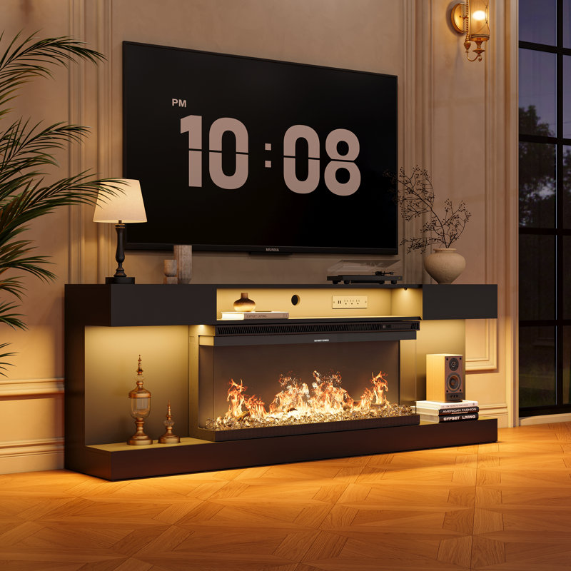 70" Modern TV Stand with Electric Fireplace Included for 80" TVs, LED TV Console & Entertainment Center with Storage, Black