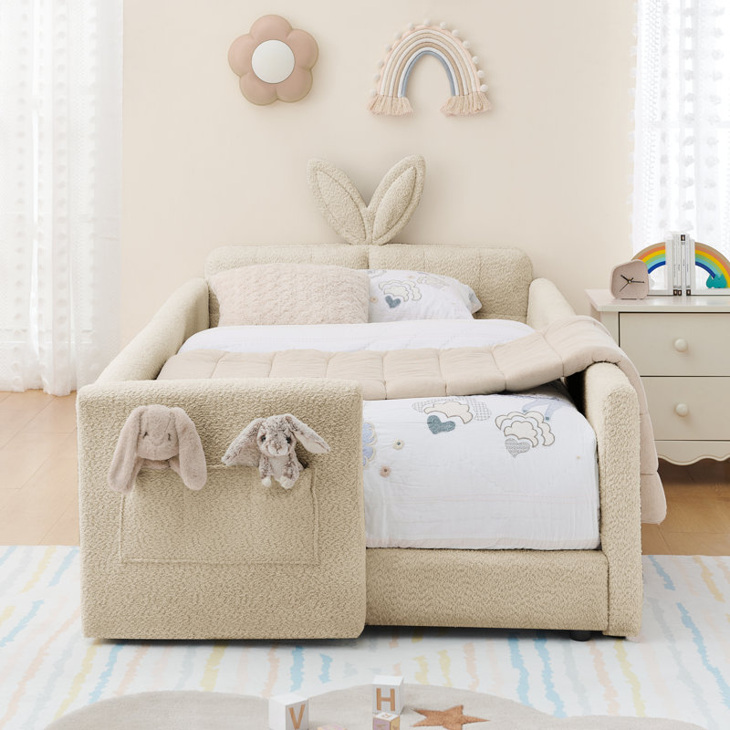 Twin Upholstered Platform Bed with Adorable Rabbit Ear Headboard, Safety Rail & Pocket, Boucle Fabric, Twin, Camel