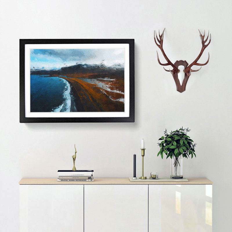 Black Sand Beach in Iceland - Picture Frame Painting Print, 48cm H x 65cm W x 2cm D, Black Framed