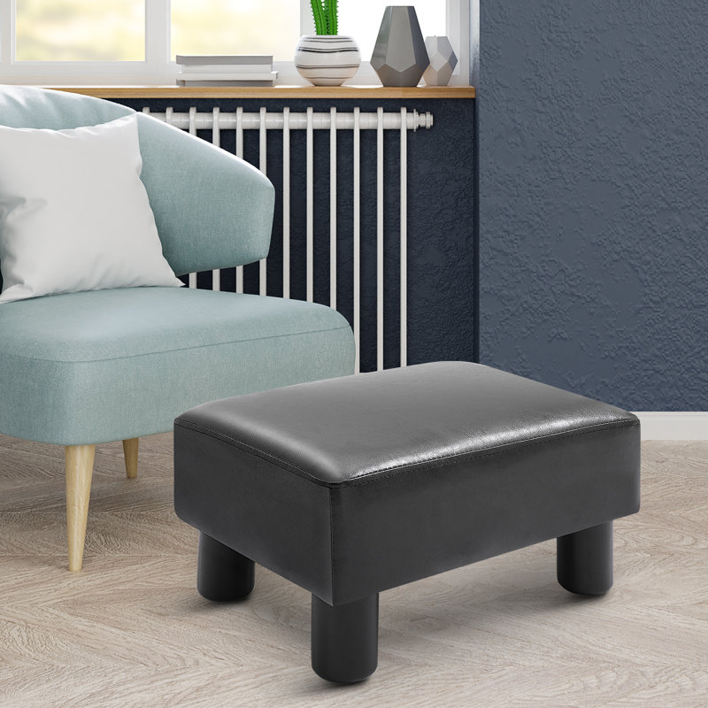 Ottoman Foot Rest Small Foot Stool with Faux Leather Upholstery Rectangular Ottoman Footrest, Black Faux Leather