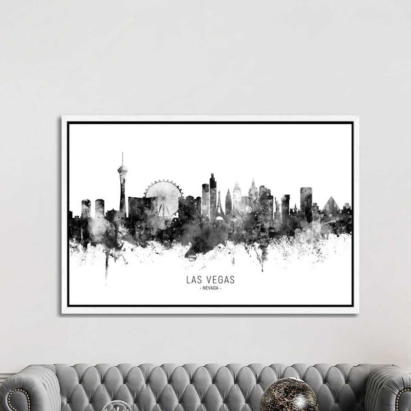 Las Vegas Nevada Skyline Name Black And White by Michael Tompsett - Print on Canvas, 152.5 cm H x 101.5 cm W, White Framed