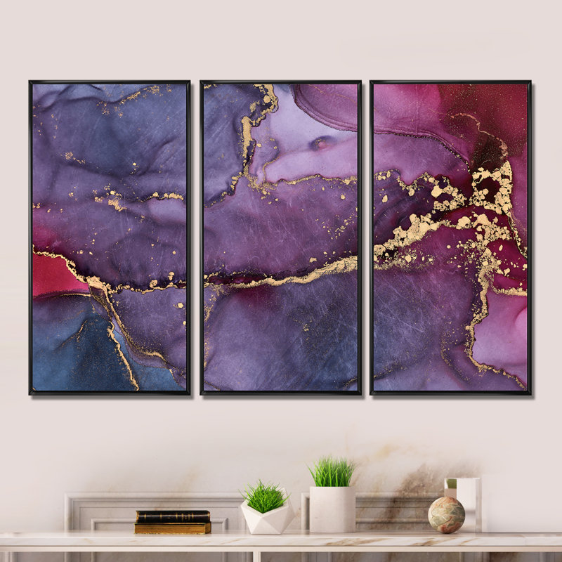 «Mauve Luxury Abstract Fluid Art II», 3 pièces, cadre flottant, impression sur toile, Cadre noir, L 36 po x H 28 po
