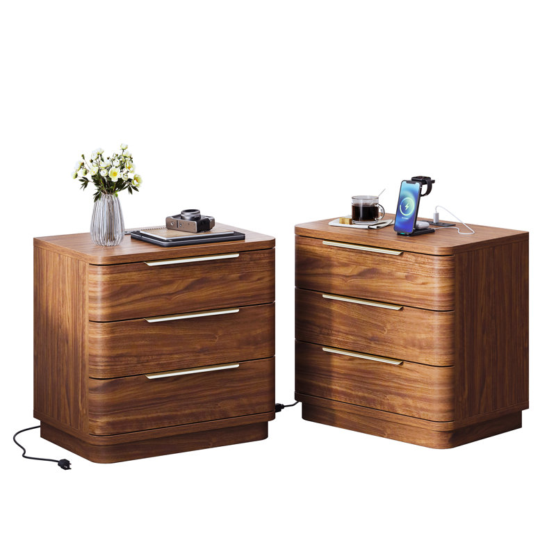 Ensemble de 2 tables de chevet modernes avec station de charge, table de bout à 3 tiroirs avec ports USB et prises de courant, chêne