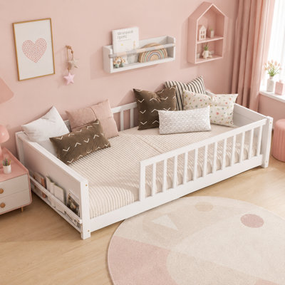 Twin Size Solid Wood Montessori Floor Bed for Toddler Bed Transition with Built-in Book Rack