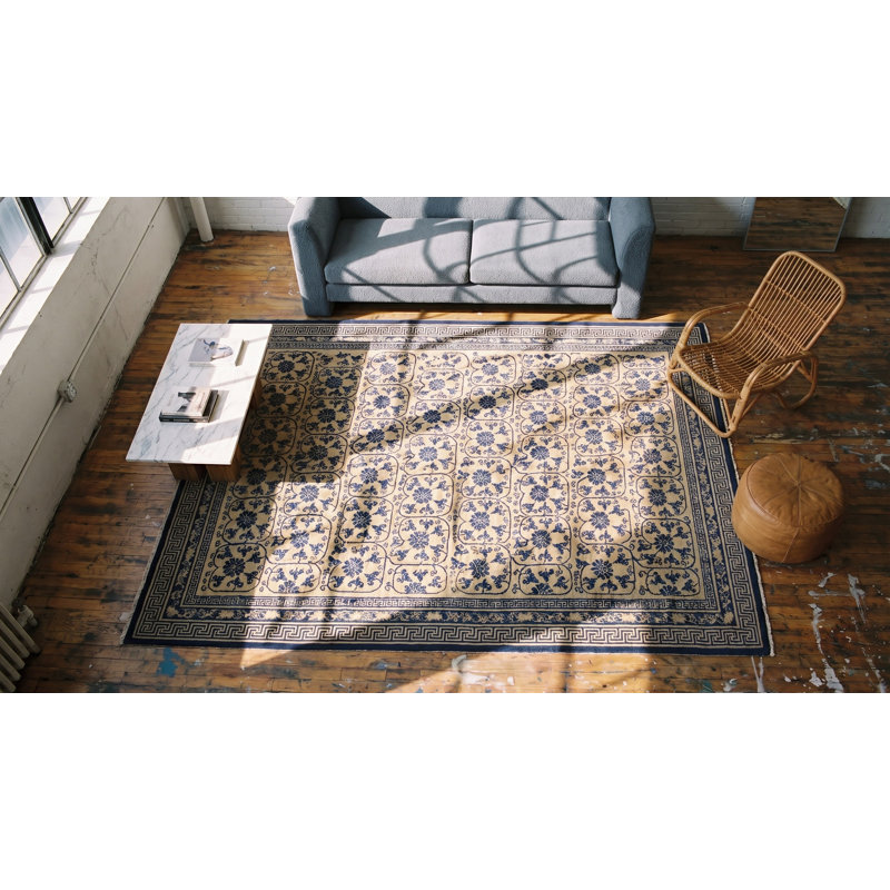 Exciting Ivory Background Geometric Blue Floral Design Antique Chinese Peking Rug