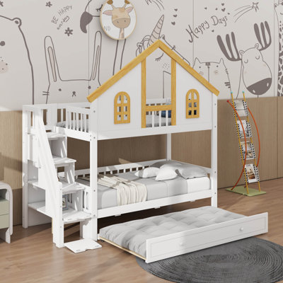 Lit simple superposé sur le thème de la maison avec lit gigogne et escalier, lit superposé Playhouse avec fenêtres, porte et toit pour enfants