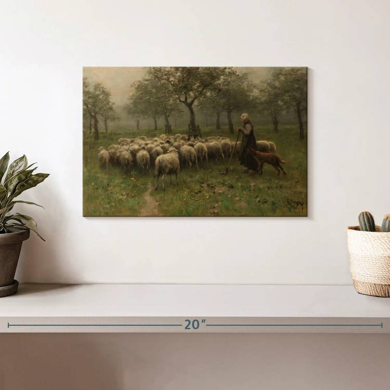 Bergère avec un troupeau de moutons, H 8 po x l 12 po