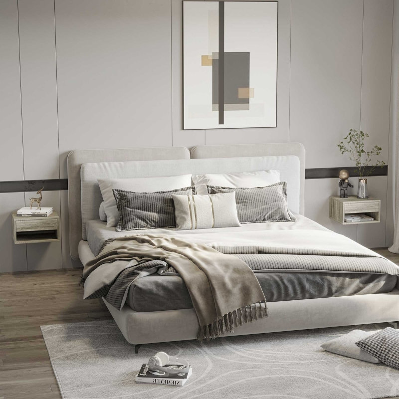 Floating Bedside Tables Wall Mounted Nightstands with Drawer and Shelf, 37 x 32 x 21 cm, Engineered Wood, 2 Pieces, Wall-Mounted Nightstand, Brown, Space-Saving Wall-Mounted Design