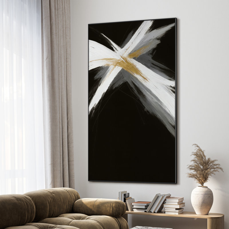 Très grande impression d'art abstrait coup de pinceau abstrait - coups blancs et dorés sur fond noir, décoration d'art moderne pour le salon ou la chambre à coucher, assemblage de cadre requis