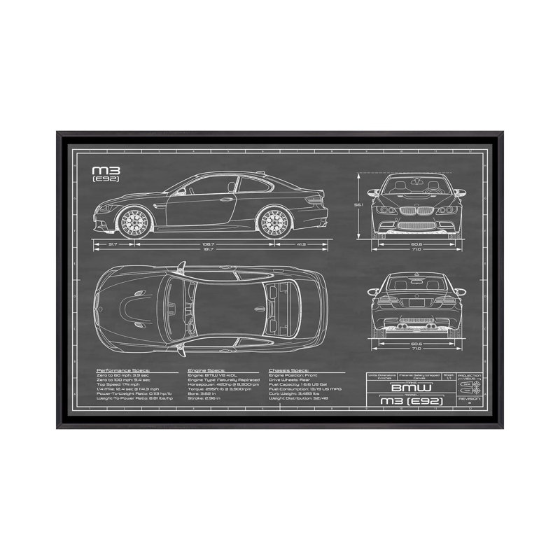 BMW M3 (l) noir-imprimé de dessin, H 40 po x l 60 po x 1,5 po, Toile avec cadre noir patiné, Pas de tapis