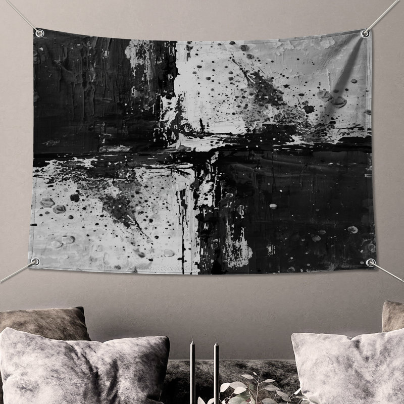 Tapisserie murale noire et blanche abstraite, H 68 po x l 80 po avec 4 œillets