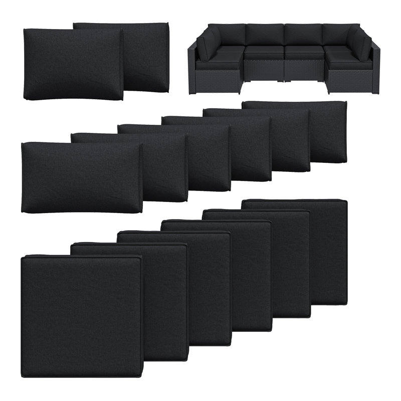 Ensemble de housses de coussin d'extérieur 14 pièces pour canapé modulaire 6 places, housses seulement, Noir