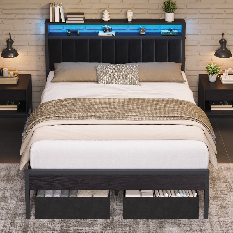 Tryston Full Bed Frame With Led Lights & 2 Storage Drawers, Black, Full, Black