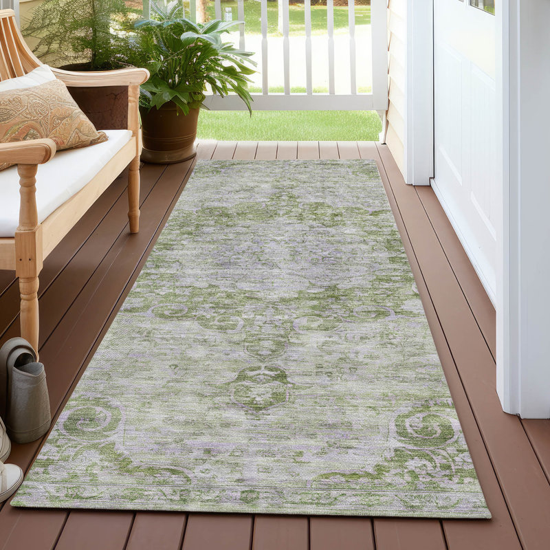 Tapis olive intérieur / extérieur lavable à la machine Claudian ACN1238, Tapis de couloir 2 pi 3 po x 7 pi 6 po