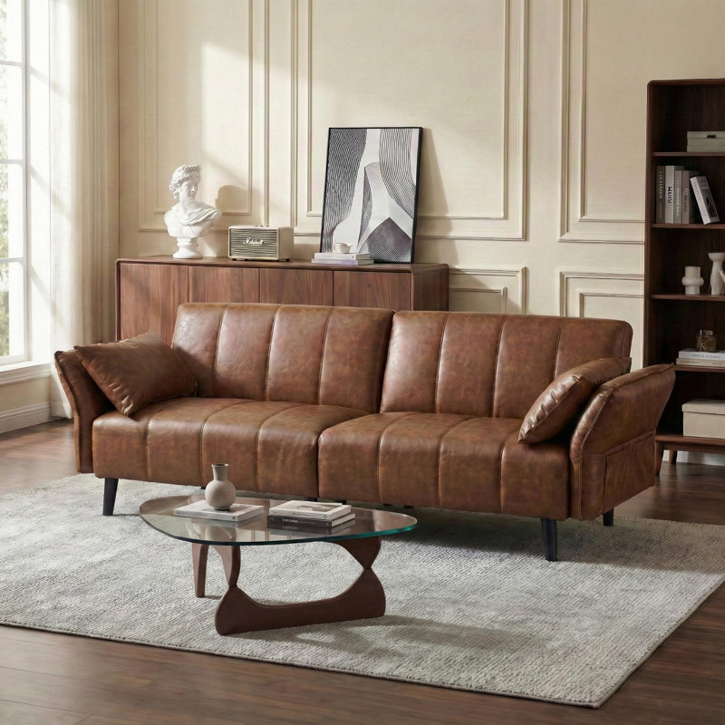 76.4'' Faux Leather Convertible Sofa, Mid Century Modern Leather Futon Sofa Bed With Adjustable Backrest Armrest & Storage Pocket