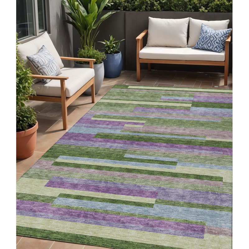 Tapis extérieur lavable à rayures vert olive et mauve 5 pi x 8 pi vert mousse