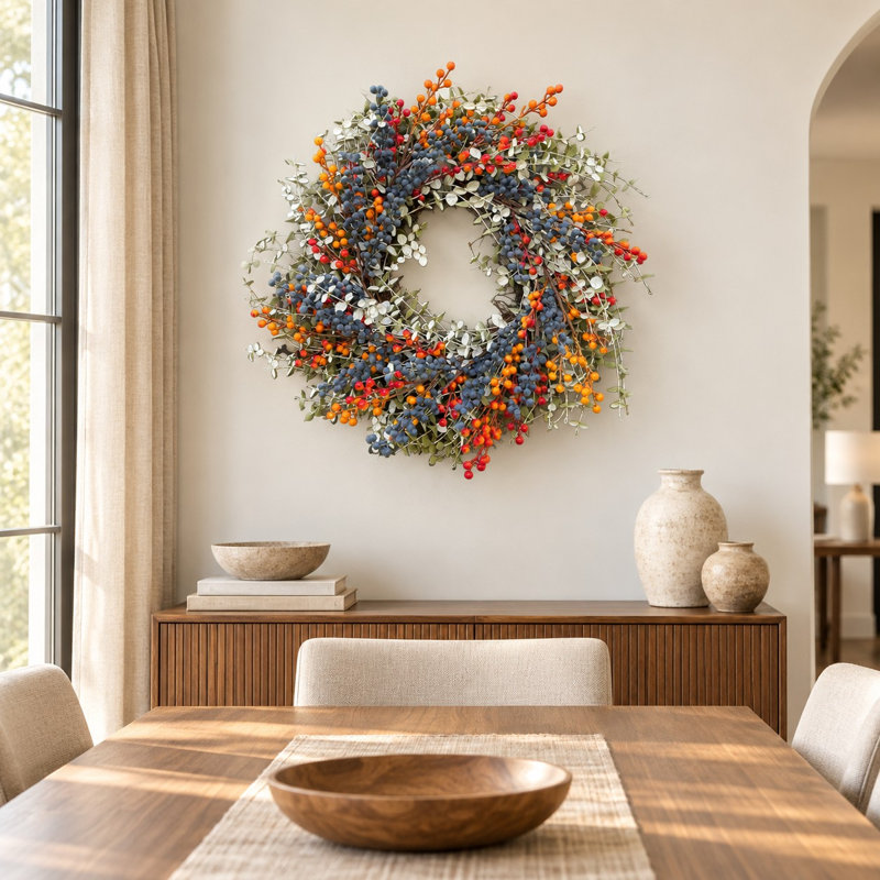 Couronne de porte d'entrée automnale artificielle de 61 cm (24 po) avec baies mélangées et mini-feuilles d'eucalyptus, décoration murale pour la fête de Thanksgiving.