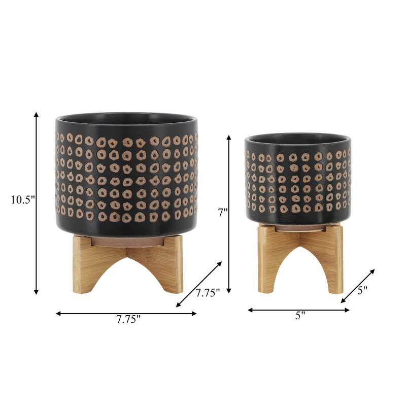 Stoneware and Wood Planter on Stand - Modern Ceramic Plant Pot with Elevated Wooden Base, Stylish Decorative Accent for Indoor Spaces, Durable and Elegant Design for Contemporary Home Decor