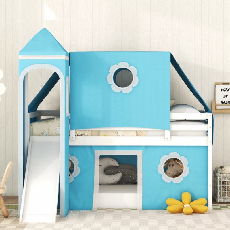 Lit plateforme en bois massif Aleiya, Bleu