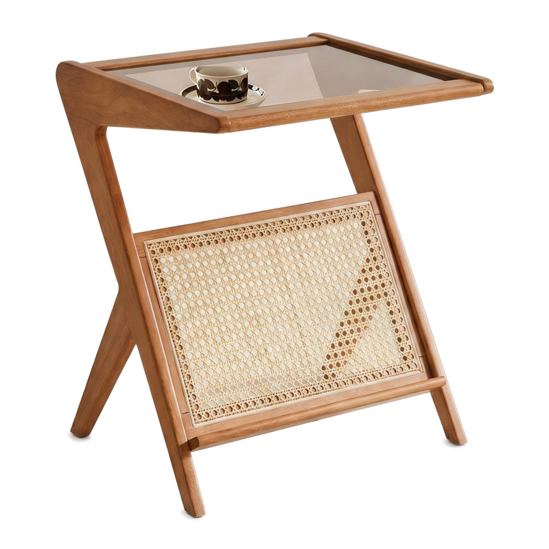 Table de bout en rotin avec plateau en verre trempé et table de chevet en bambou pour table de chevet