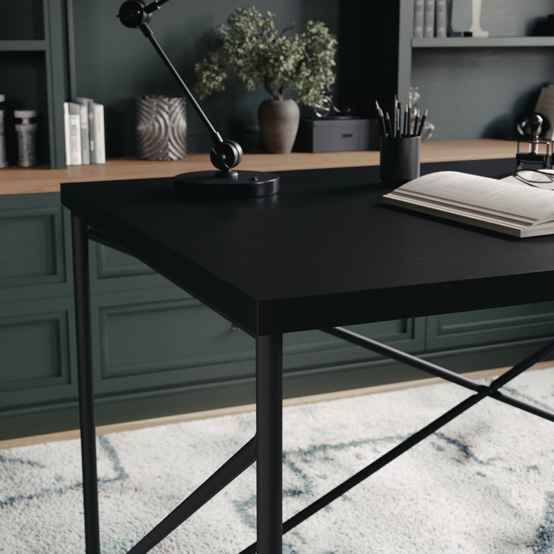Black Wood Grain Parsons Desk with Metal X-Frame