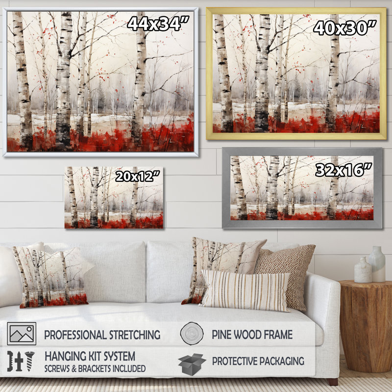 Impressions sur toile de bouleau blanc et rouge en hiver II, Cadre simple blanc, H 16 po x l 32 po x P 1 po