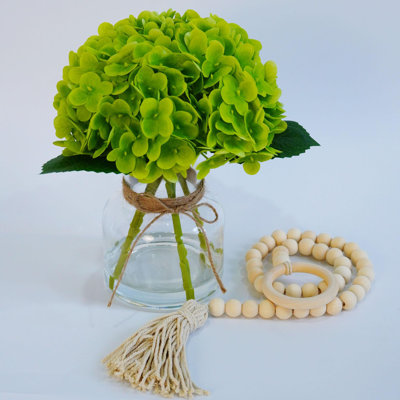 Lifelike Real Touch Artificial Hydrangea Flowers in Vase – Faux Water & Farmhouse Wood Bead String – Elegant Faux Floral Arrangement for Table Centerp