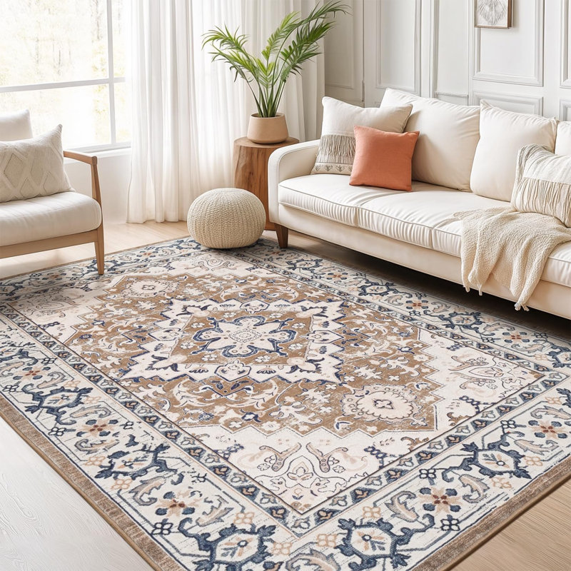 Eleana Vintage Distressed Washable Area Rug with Non-Slip Backing Brown Beige, Rectangle 5' x 7', Brown Beige