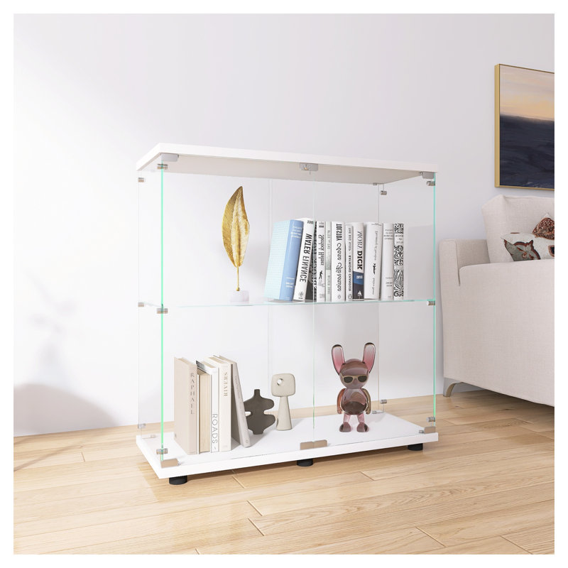 Vitrine blanche à 2 tablettes en verre trempé, bibliothèque de rangement sur pied pour le bureau de la chambre à coucher