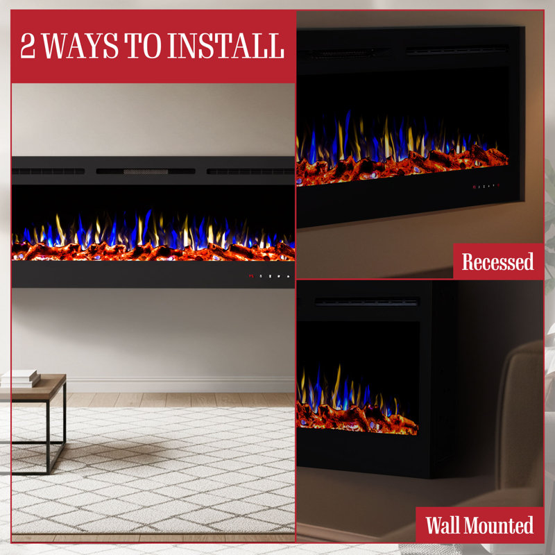 Christenson Symple Stuff 72" Electric Fireplace - LED Wall Mounted or Recessed Fireplace Heater with Front Vent, Adjustable Flame, 10 Ember Colors, Touchscreen, and Remote Control