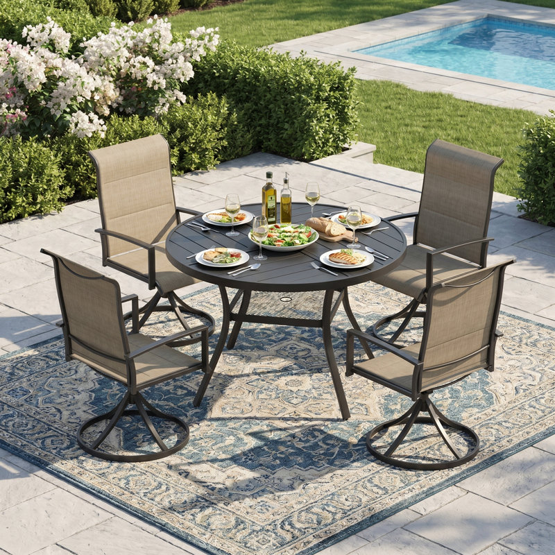 5-Piece Outdoor Patio Dining Set With Swivel Chairs, Brown/Black, Black