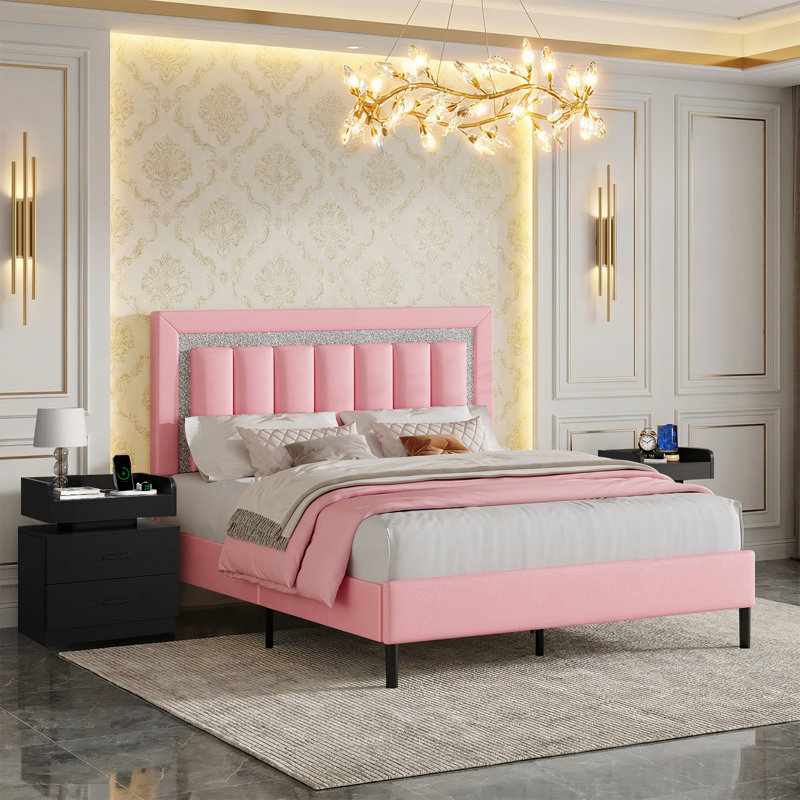 Ensemble de lit plateforme tapissier Diamond, Complète, Rose