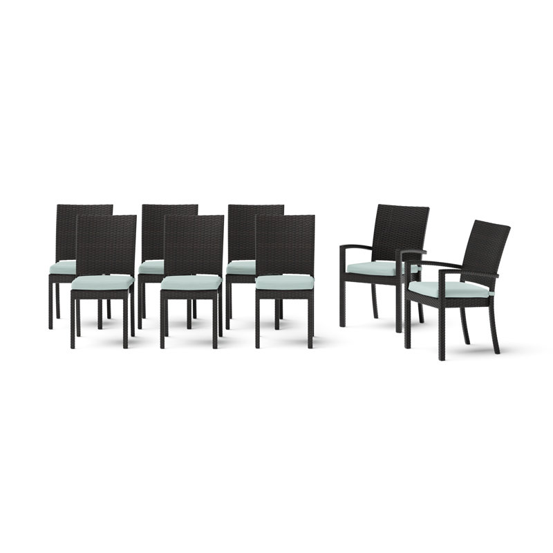 8 Piece Sunbrella Outdoor Patio Dining Chairs, Brown, Blue