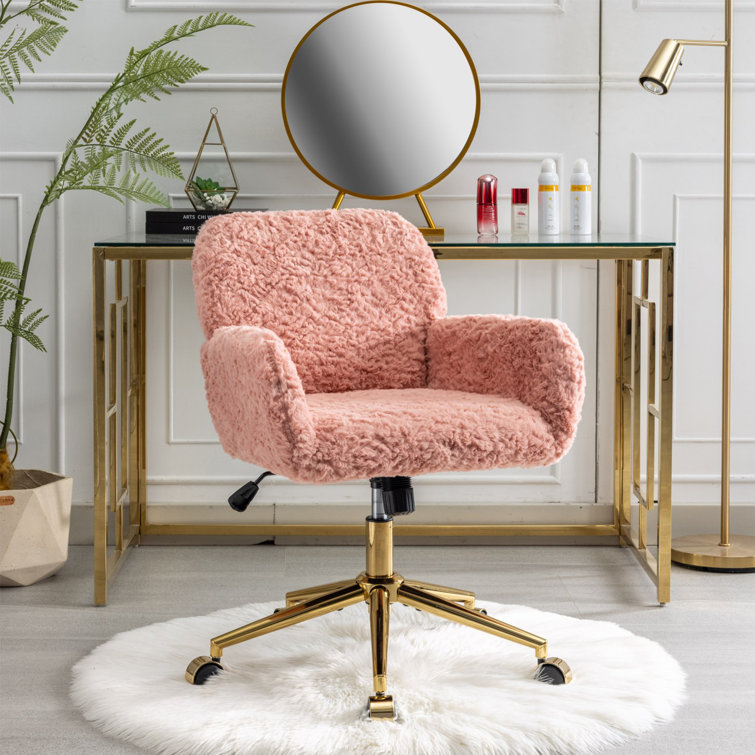 Branisha Pink Faux Fur Upholstered Swivel Task Chair, Height Adjustable Office Chair