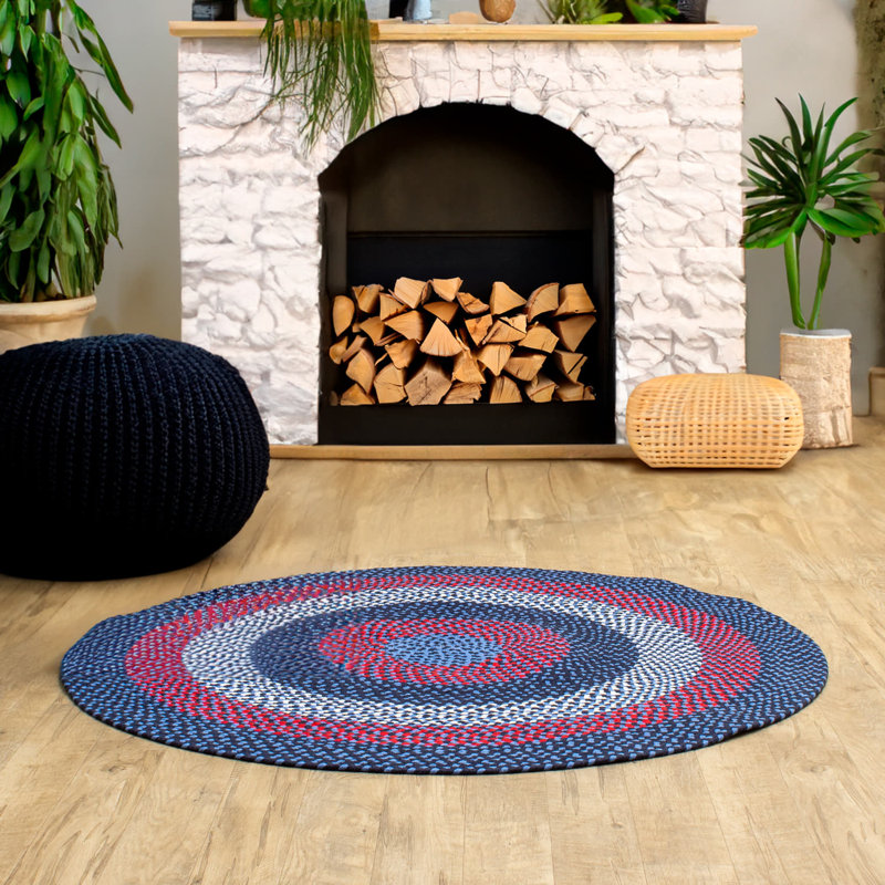 Tapis bleu / rouge en coton tressé Farmhouse, Rond 4 pi