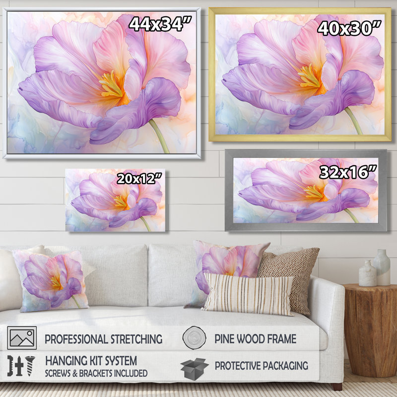 Fleur d'été de tulipe mauve I - art mural tulipe, H 24 po x l 32 po, Impression dans un cadre flottant sans passe-parto