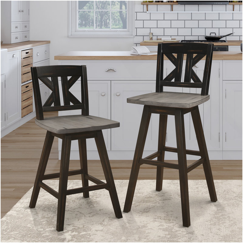 Ensemble de 2 chaises à hauteur de pub, fauteuil pivotant à 360 degrés gris et noir patiné en bois d'hévéa, chaises de bar divisées à dossier en X