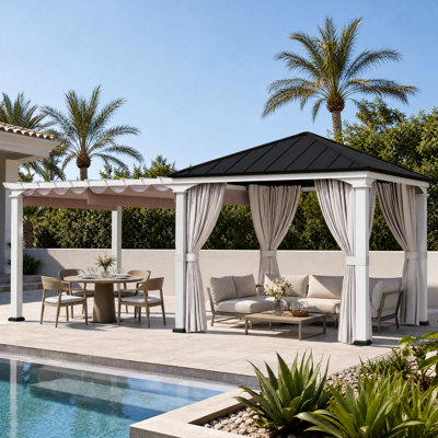 Sunnyside 10 ft.x 20 ft. Hard Top Patio Gazebo with Privacy Curtains Galvanized Steel Roof,Extend Pavilion Pergola with Textilene Sling Shade Canopy