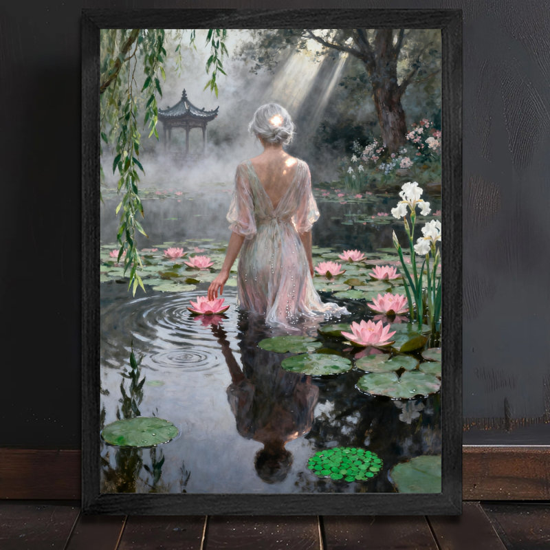 Fée rétro encadrée noire jouant dans l'étang de lotus, impression murale de style rétro, H 11 po x l 9 po