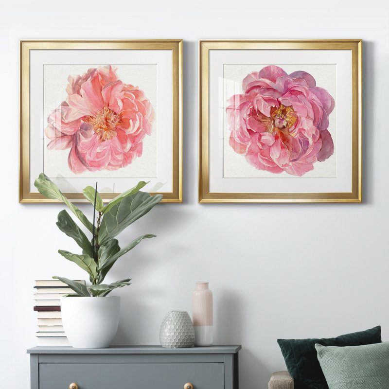 Blossomed Peony I - ensemble de 2 cadres photo Blossomed Peony I, H 17,5 po x l 35 po, Framed Print with Mat, Gold